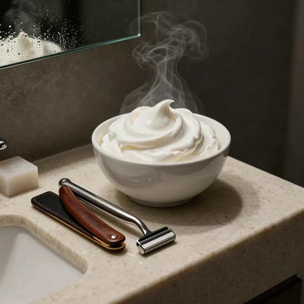 Bacinella da rasatura con schiuma lucida, rasoio, pietra d’allume e cinghia su travertino.