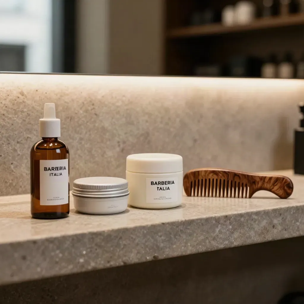 Prodotti per barba su mensola in pietra con pettine in noce e flaconi chiusi.