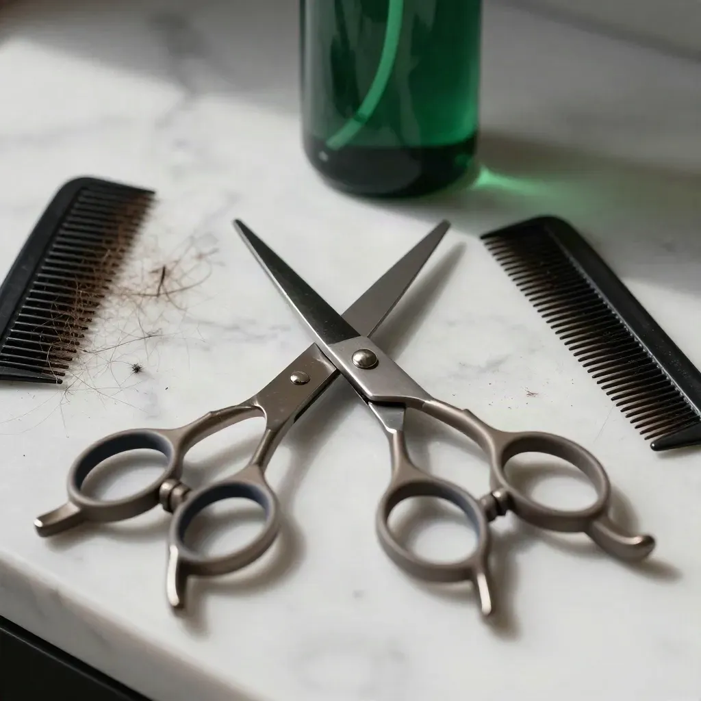 Forbici texturizzanti, clip, spruzzino verde e pettine con residui di capelli su marmo