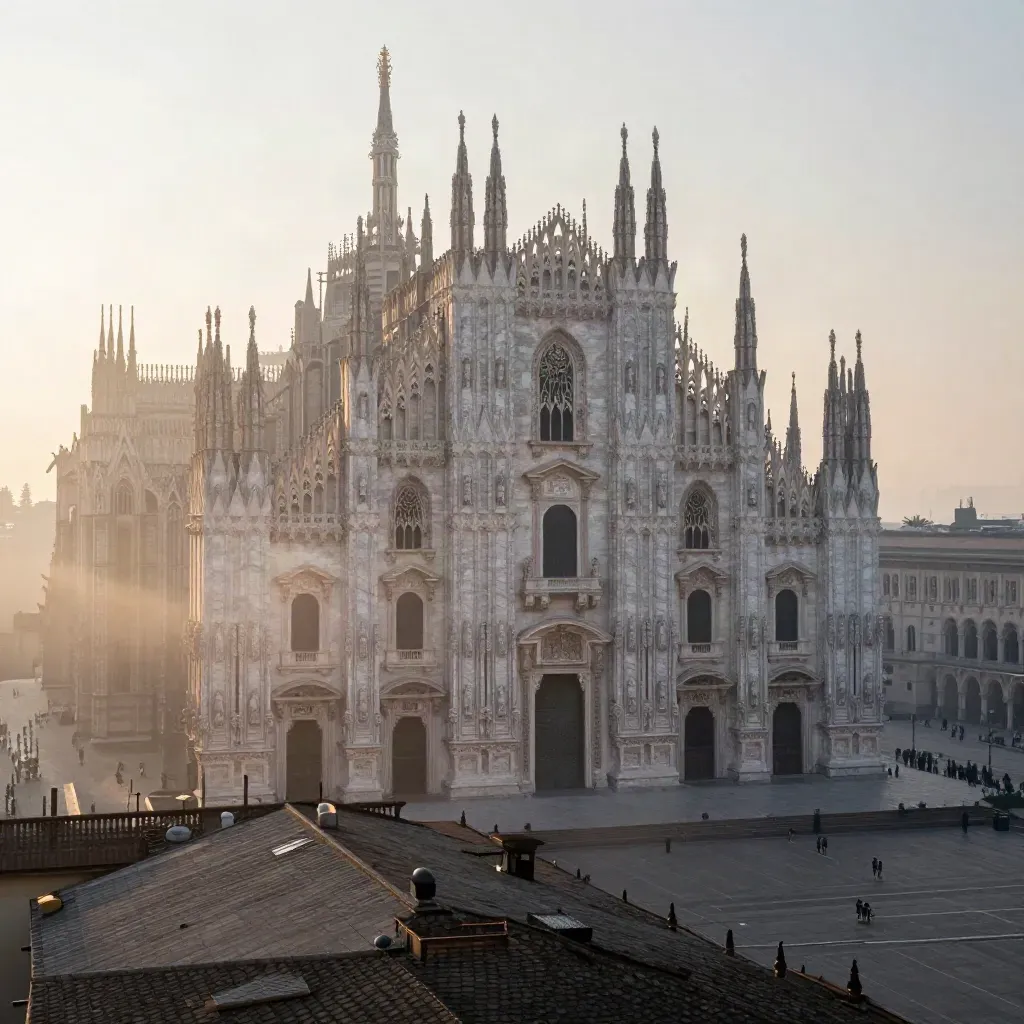 Spire del Duomo di Milano tra tetti in pietra e nebbia dorata all’alba.